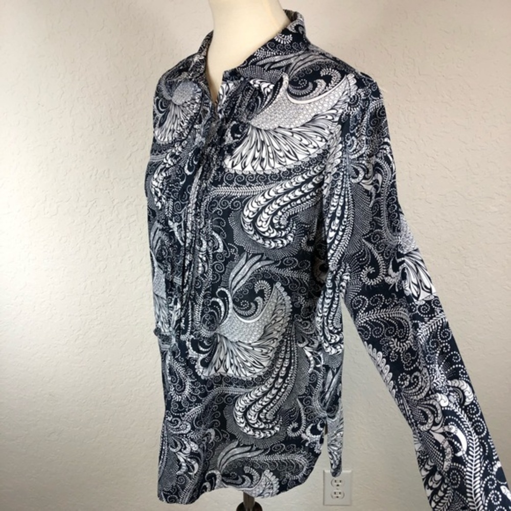 Talbots Blue White Paisley Print Blouse Size Large Petite
